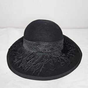 Vintage Dobbs Doeskin Fifth Avenue Black Felt Hat Fringe Floral Band‎ Wool USA